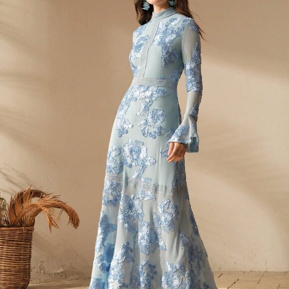 Blue Boho Women's Textured Floral Embroidered Party & Casual Long Sleeve Dress - Picture 6 of 7